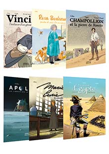 Pack de 6 bandes dessinées : Champollion, Rosa Bonheur, Vinci, Marie Curie, Bonaparte, Apollo 11 - À partir de 10 ans.