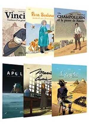 Pack de 6 bandes dessinées : Champollion, Rosa Bonheur, Vinci, Marie Curie, Bonaparte, Apollo 11 - À partir de 10 ans.