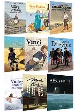 Pack de 9 bandes dessinées : Champollion, Rosa Bonheur, Mary Anning, Vinci, Marie Curie, Dreyfus, Bonaparte, Apollo 11, Victor l'enfant sauvage - À partir de 10 ans.