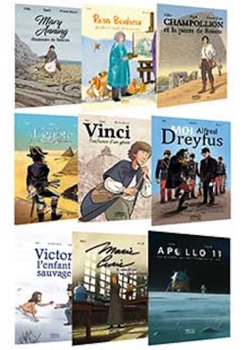 Pack de 9 bandes dessinées : Champollion, Rosa Bonheur, Mary Anning, Vinci, Marie Curie, Dreyfus, Bonaparte, Apollo 11, Victor l'enfant sauvage - À partir de 10 ans.